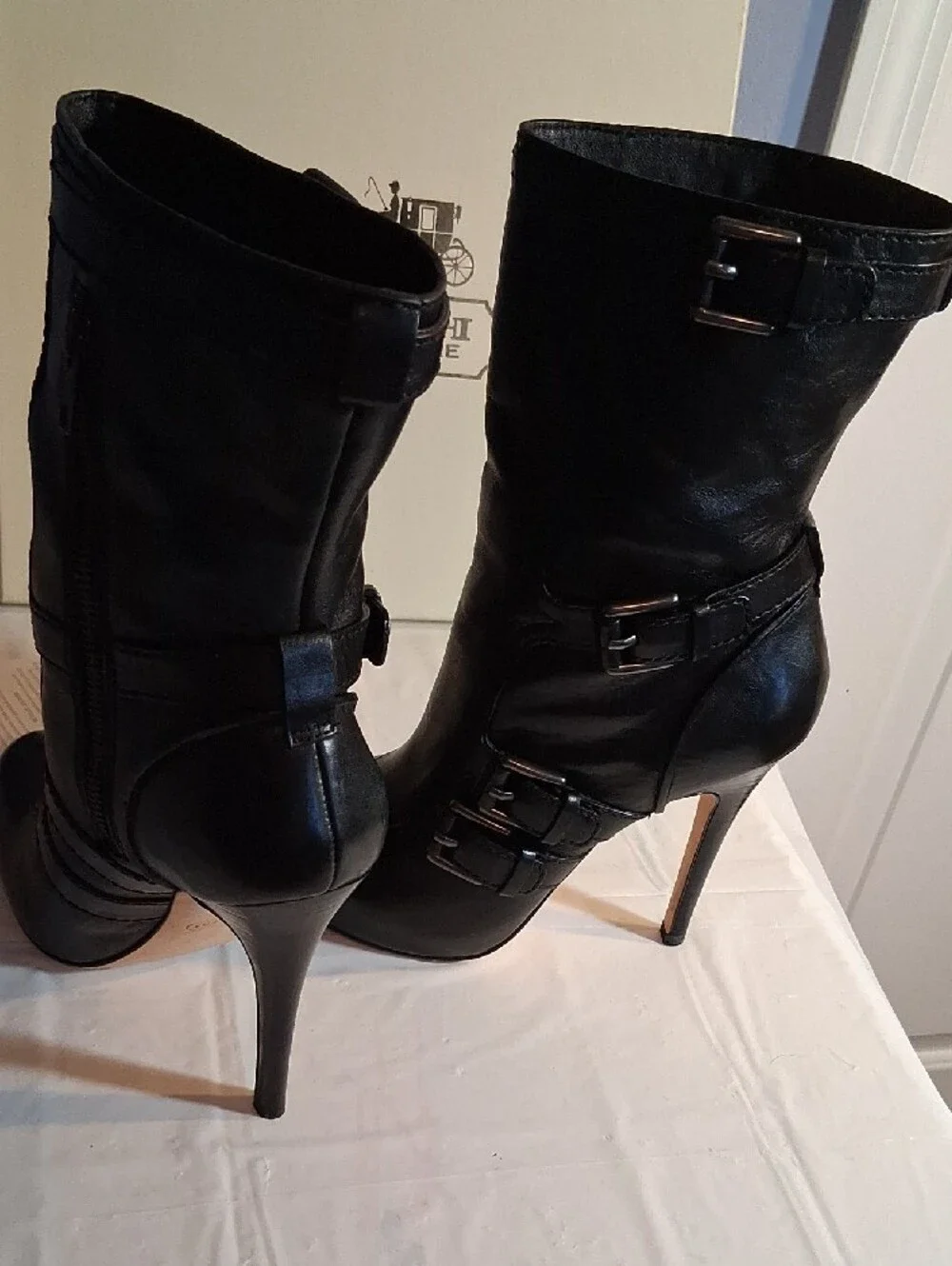 Coach Black Leather Mid-Calf Buckle Heel Boots